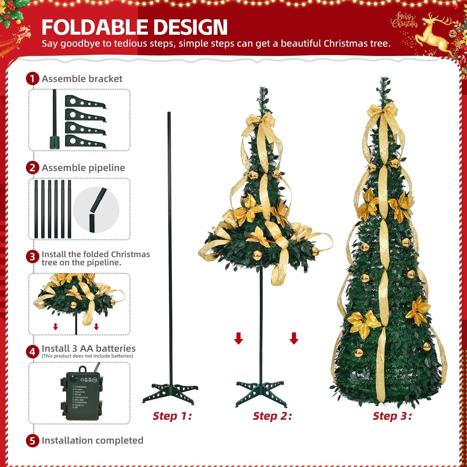 6 FT Fully Decorated Pre - lit Christmas Tree, Pop Up Artificial Xmas Tree with 80 Warm Lights Battery Operated and Golden & Silver Ornaments for Home Office Store Holiday Deco - plants - express.com