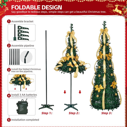6 FT Fully Decorated Pre - lit Christmas Tree, Pop Up Artificial Xmas Tree with 80 Warm Lights Battery Operated and Golden & Silver Ornaments for Home Office Store Holiday Deco - plants - express.com
