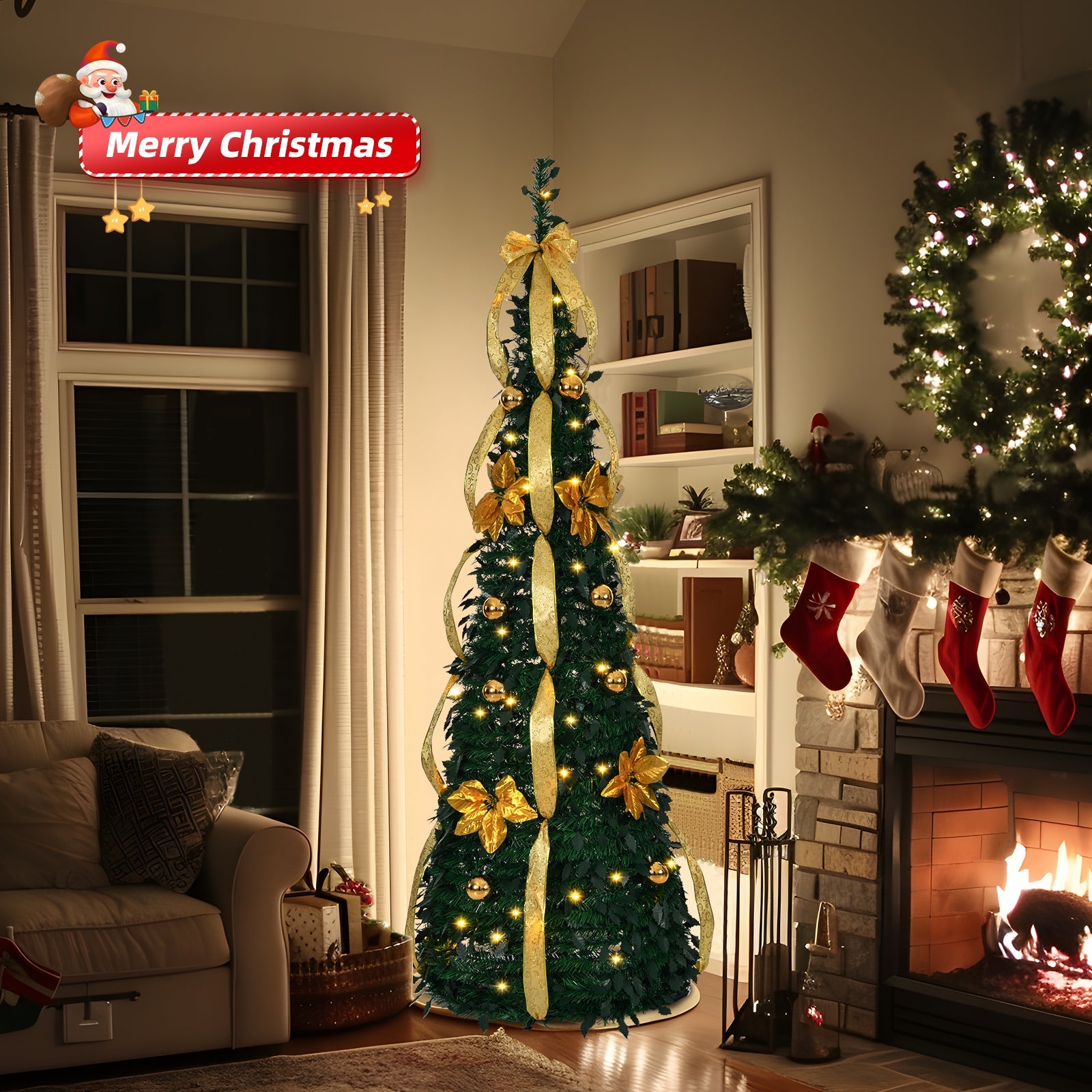 6 FT Fully Decorated Pre - lit Christmas Tree, Pop Up Artificial Xmas Tree with 80 Warm Lights Battery Operated and Golden & Silver Ornaments for Home Office Store Holiday Deco - plants - express.com