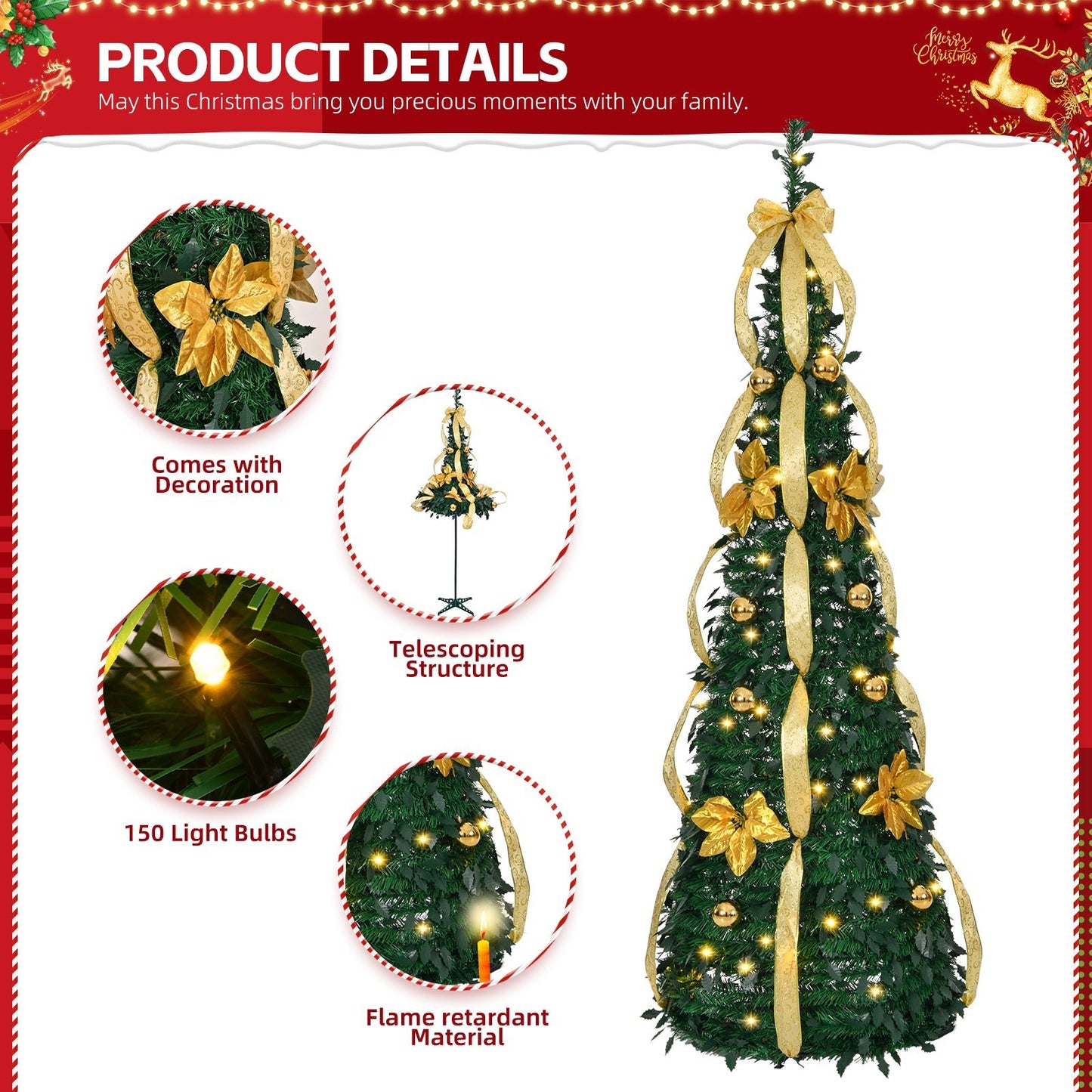 6 FT Fully Decorated Pre - lit Christmas Tree, Pop Up Artificial Xmas Tree with 80 Warm Lights Battery Operated and Golden & Silver Ornaments for Home Office Store Holiday Deco - plants - express.com