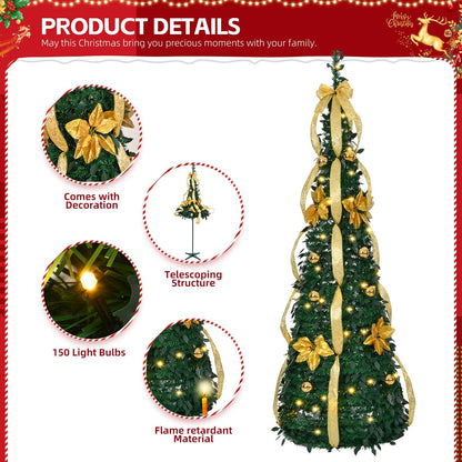 6 FT Fully Decorated Pre - lit Christmas Tree, Pop Up Artificial Xmas Tree with 80 Warm Lights Battery Operated and Golden & Silver Ornaments for Home Office Store Holiday Deco - plants - express.com