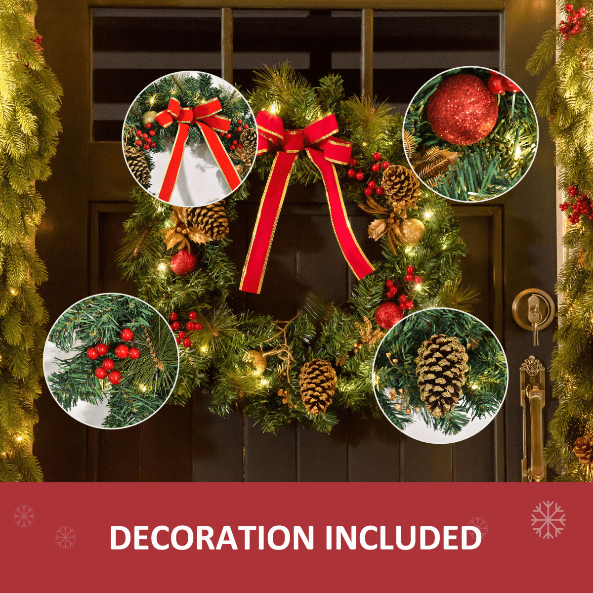 60cm Pre - Lit Artificial Christmas Door Wreath Holly LED Decor Pine Cones Hangin - plants - express.com