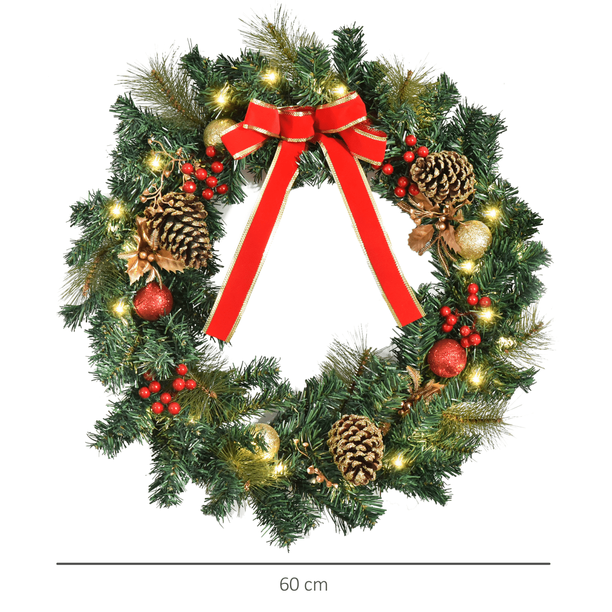 60cm Pre - Lit Artificial Christmas Door Wreath Holly LED Decor Pine Cones Hangin - plants - express.com