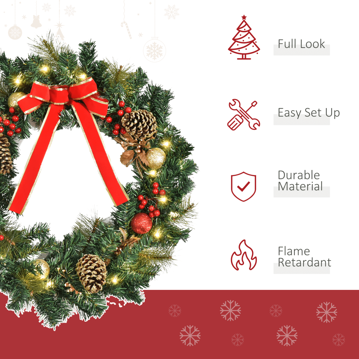 60cm Pre - Lit Artificial Christmas Door Wreath Holly LED Decor Pine Cones Hangin - plants - express.com