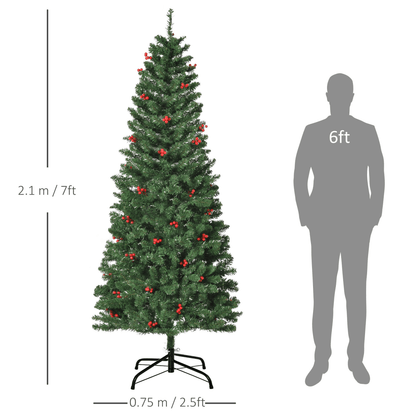 7FT Prelit Artificial Pencil Christmas Tree Warm White LED Red Berry Green - plants - express.com