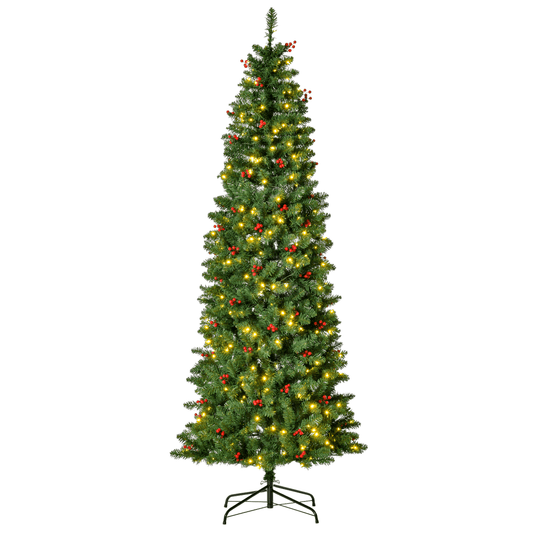 7FT Prelit Artificial Pencil Christmas Tree Warm White LED Red Berry Green - plants - express.com