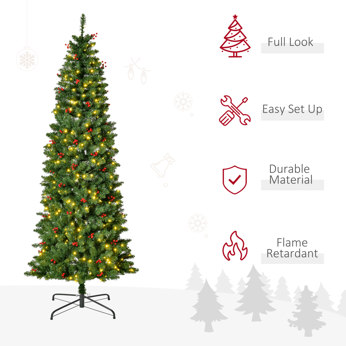 7FT Prelit Artificial Pencil Christmas Tree Warm White LED Red Berry Green - plants - express.com