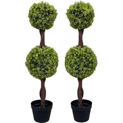 90cm Pair of Green Double Ball Topiary Trees - Realistic Outdoor Decor Pair - plants - express.com