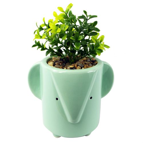 Charming 20cm Blue Elephant Planter with Lush Artificial Foliage - plants - express.com