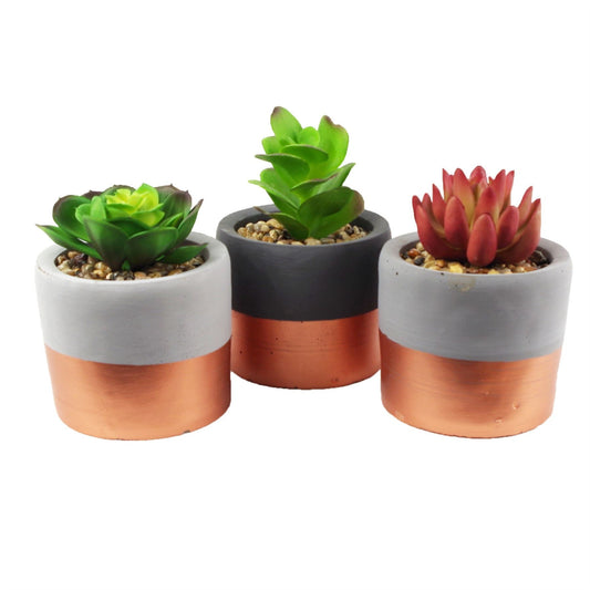 Chic 3 - Piece Stoneware Planter Set with Elegant Copper Bands & Faux Succulents - plants - express.com