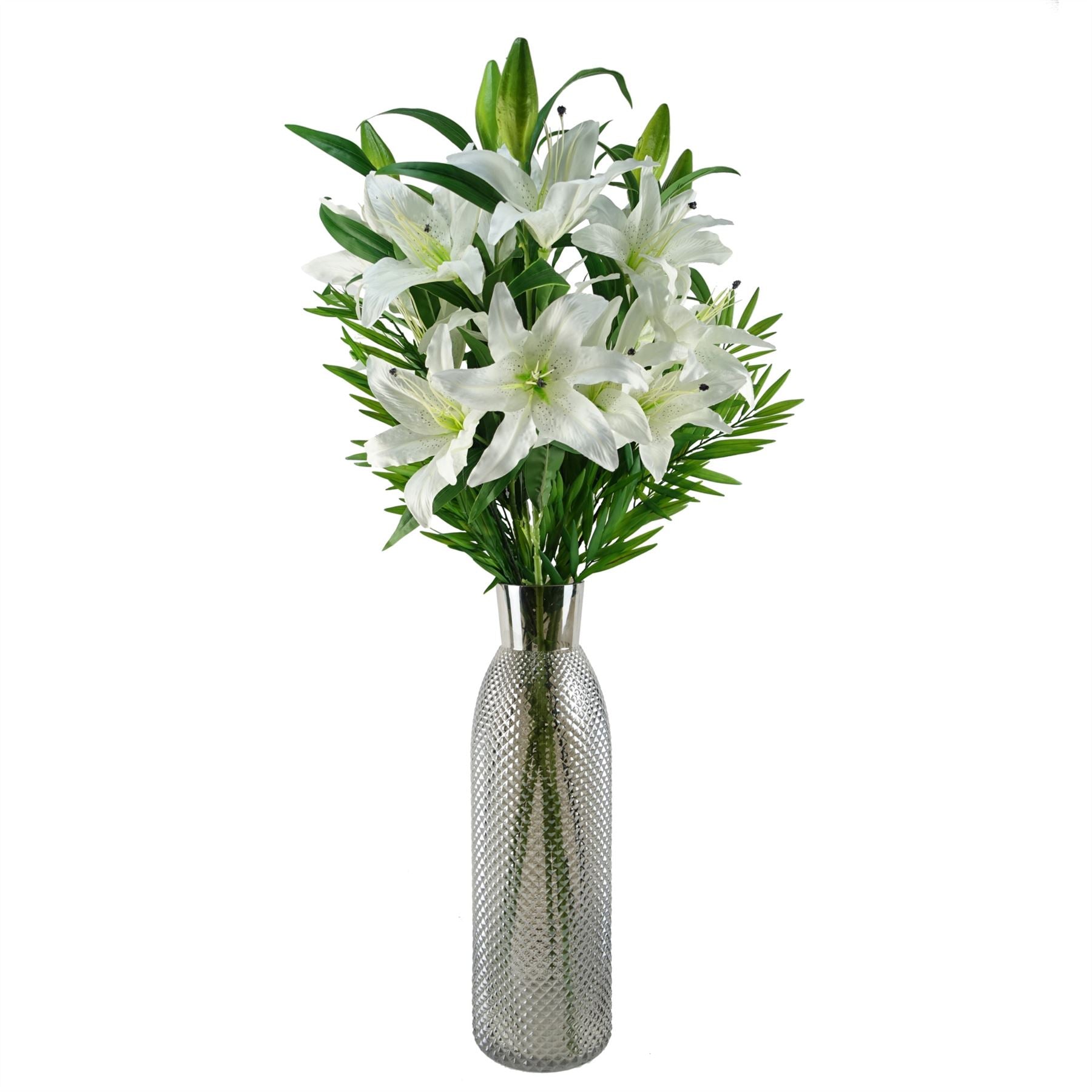Elegant 100cm White Lily & Fern Arrangement with Smoke Grey Vase - plants - express.com