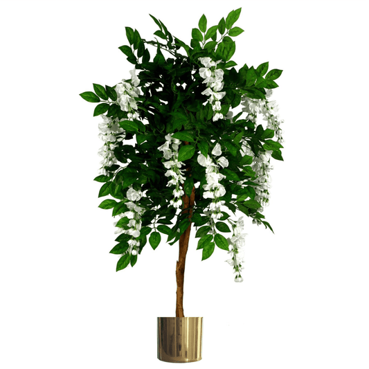 Elegant 130cm White Wisteria Tree - Premium Silk Flowers & Gold Metal Planter - plants - express.com