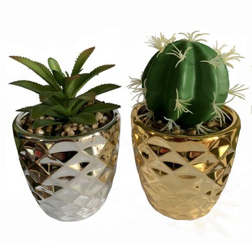 Elegant 15cm Ceramic Planters Set with Faux Cactus & Dracaena - Gold & Silver - plants - express.com