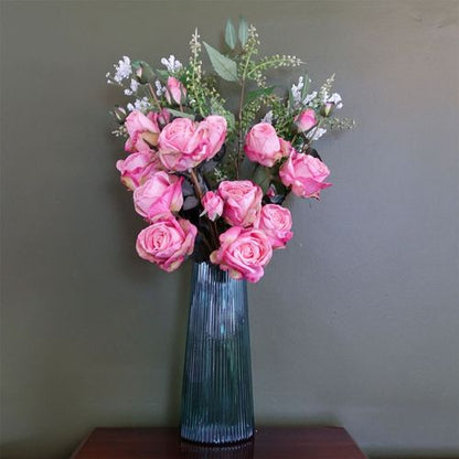 Elegant 28cm Hand - Finished Green Ridged Glass Vase for Stunning Floral Displays - plants - express.com