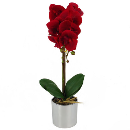 Elegant 46cm Red Artificial Orchid in Stylish Silver Pot – Lifelong Beauty! - plants - express.com