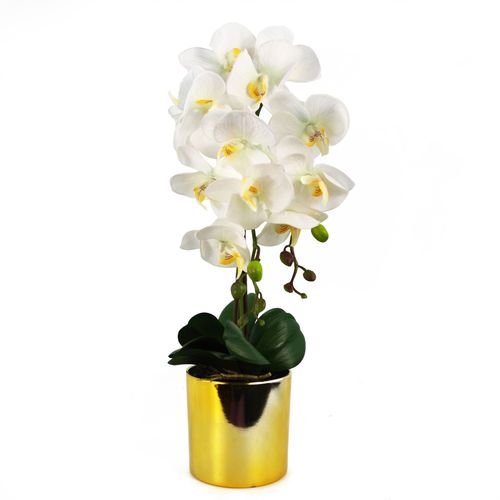 Elegant 52cm White & Gold Artificial Orchid – Real Touch, Perfectly Potted! - plants - express.com