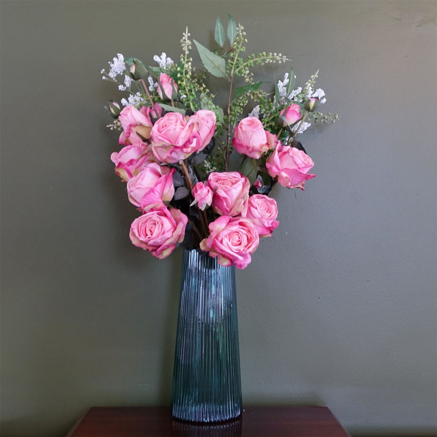 Elegant 60cm Pink Rose & Gypsophilia Floral Set with Glass Vase - Stunning Display! - plants - express.com