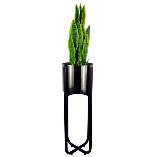 Elegant Black Metal Planter Stand with Handcrafted Rustic Planter - 62cm - plants - express.com