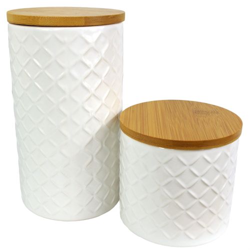 Elegant Duo: Embossed Cream Ceramic Canisters with Bamboo Lids - plants - express.com