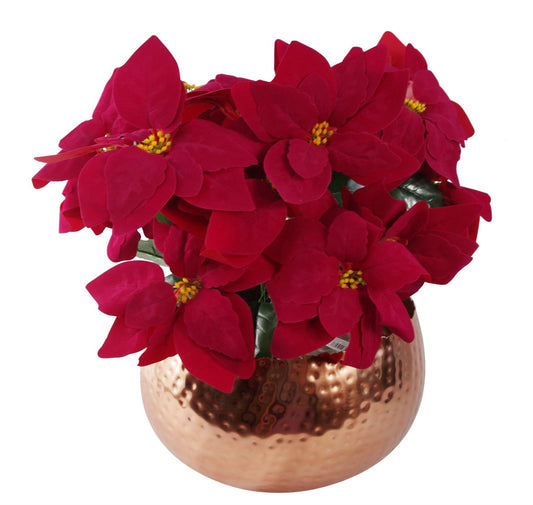 Elegant Faux Poinsettia Trio in Copper Curve Metal Planter – Festive Charm! - plants - express.com