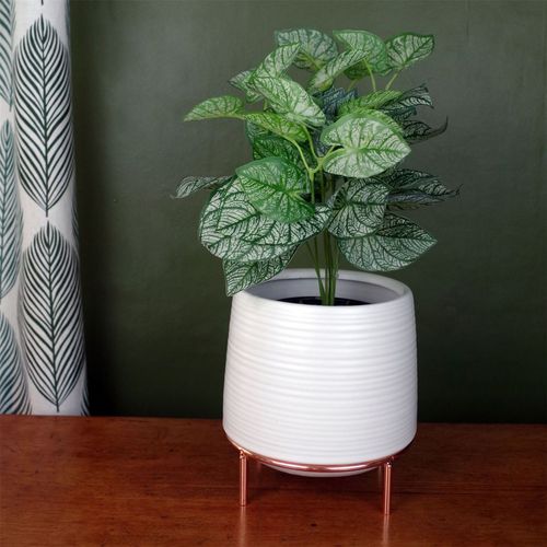 Elegant White Ceramic Planter with Stylish Metal Stand – Perfect for Any Space! - plants - express.com