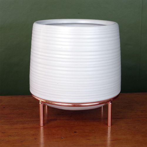 Elegant White Ceramic Planter with Stylish Metal Stand – Perfect for Any Space! - plants - express.com