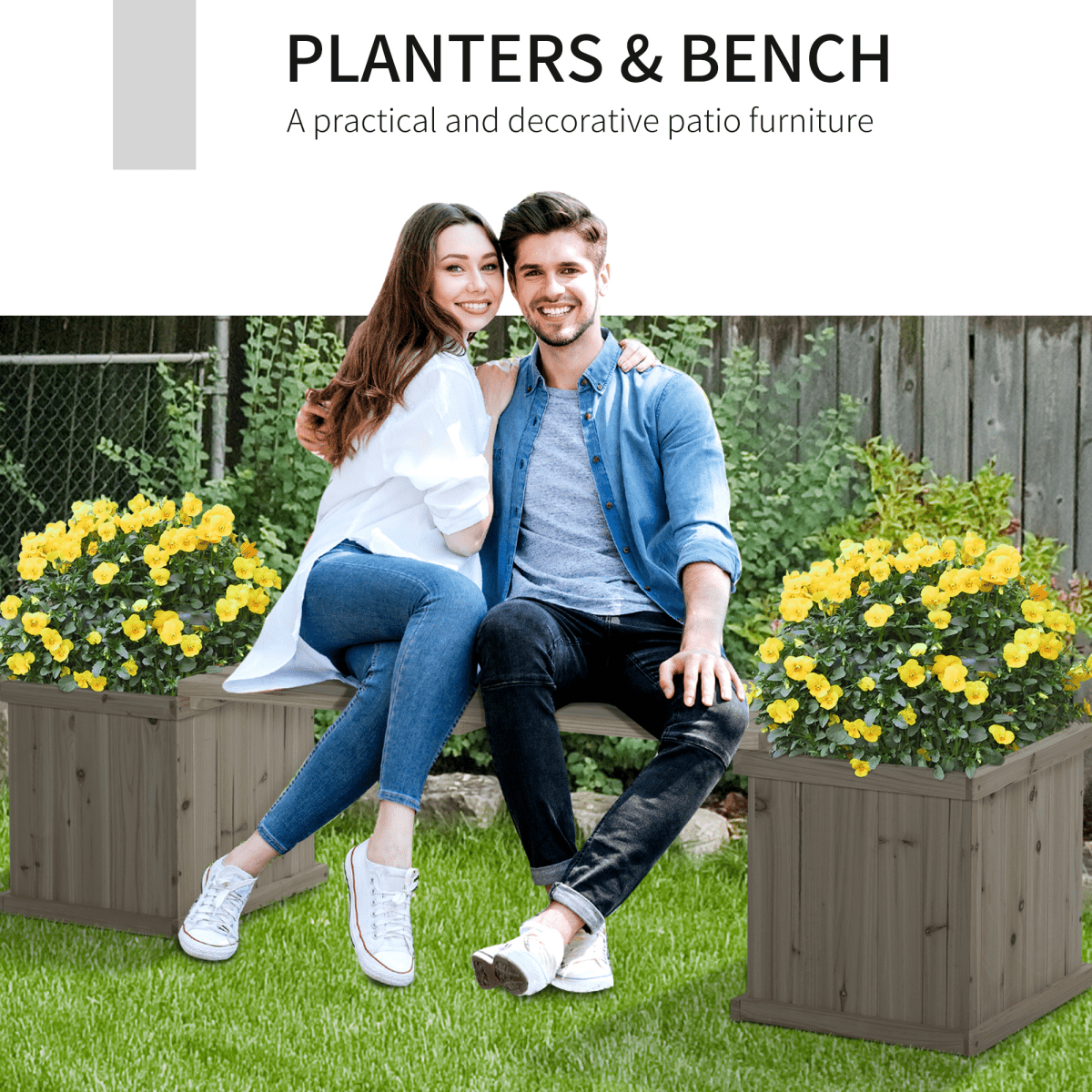 Grey Wooden Garden Planter & Bench - Raised Bed & Patio Combo - plants - express.com