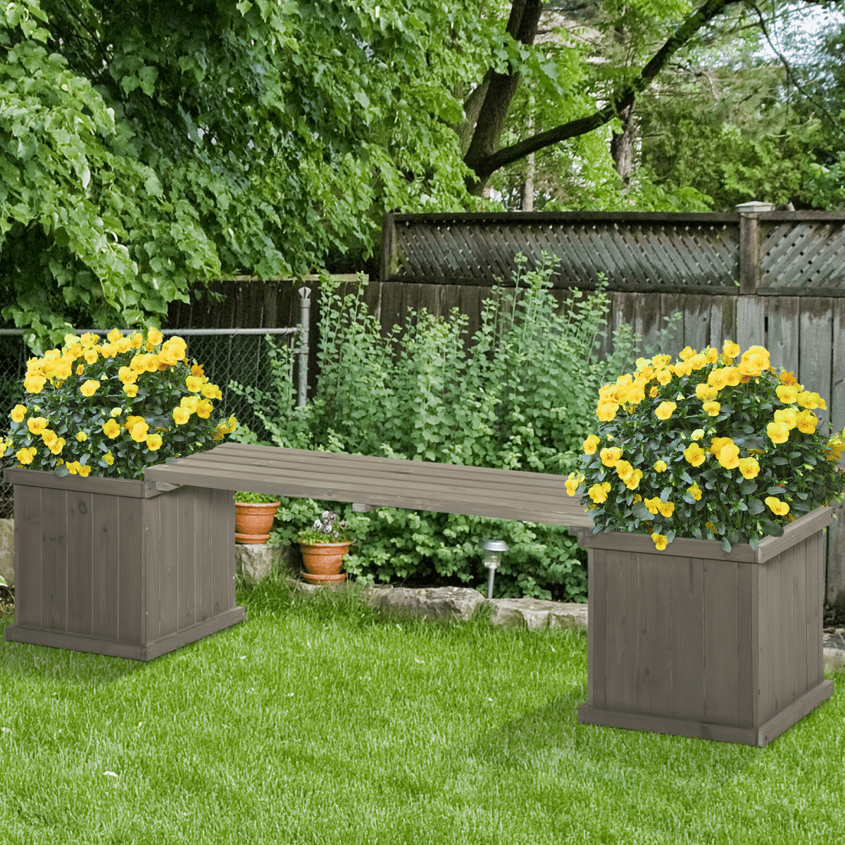 Grey Wooden Garden Planter & Bench - Raised Bed & Patio Combo - plants - express.com