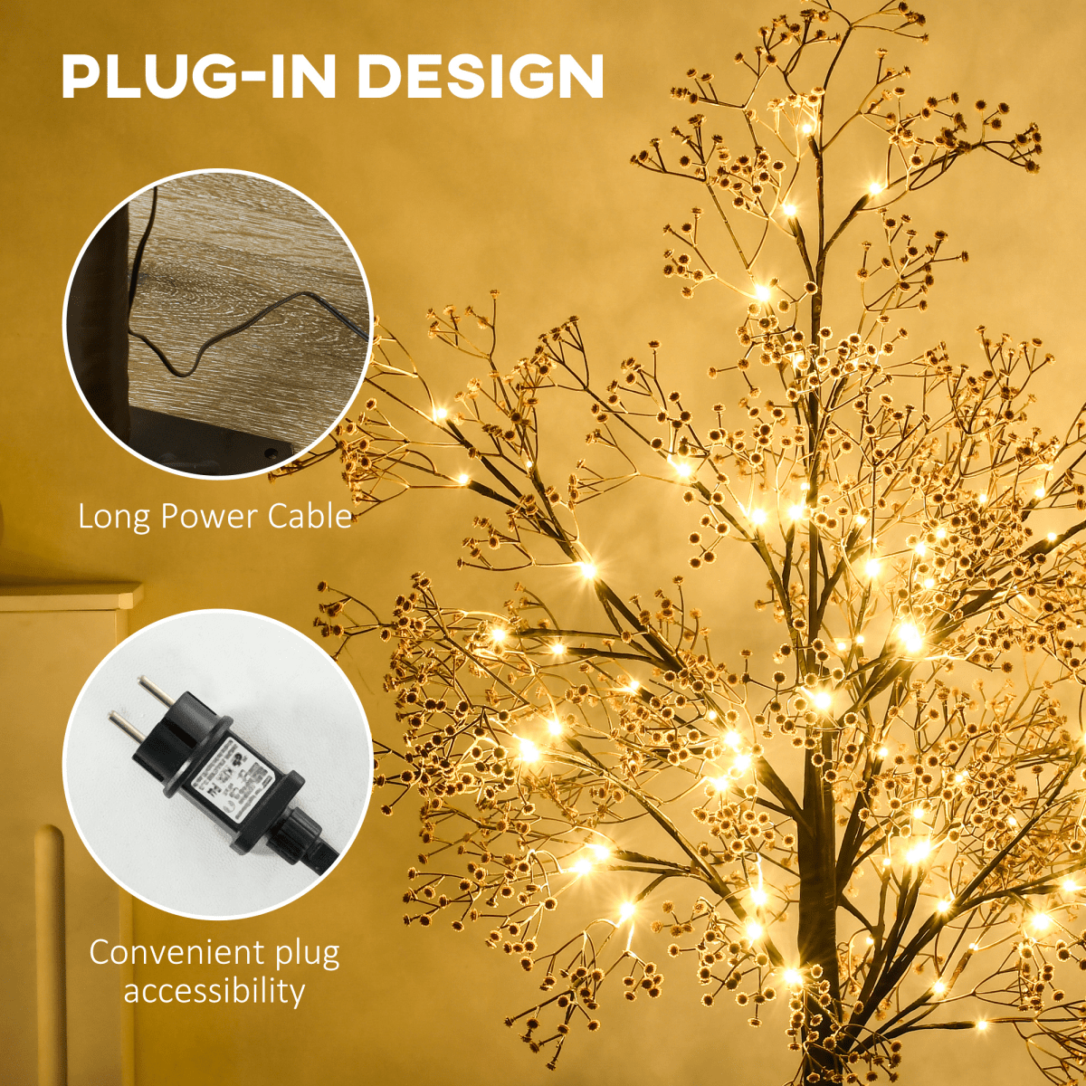 HOMCOM 4ft Artificial Tree with Warm White LED Lights, Baby Breath Flowers - plants - express.com