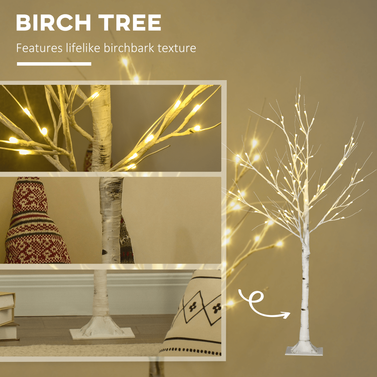 HOMCOM 4ft Artificial White Birch Tree Light 72 Warm White Pre - Lit LED Light - plants - express.com