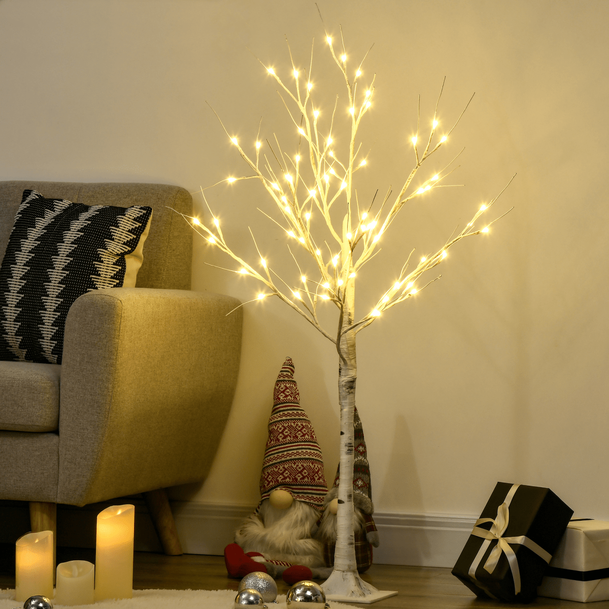 HOMCOM 4ft Artificial White Birch Tree Light 72 Warm White Pre - Lit LED Light - plants - express.com