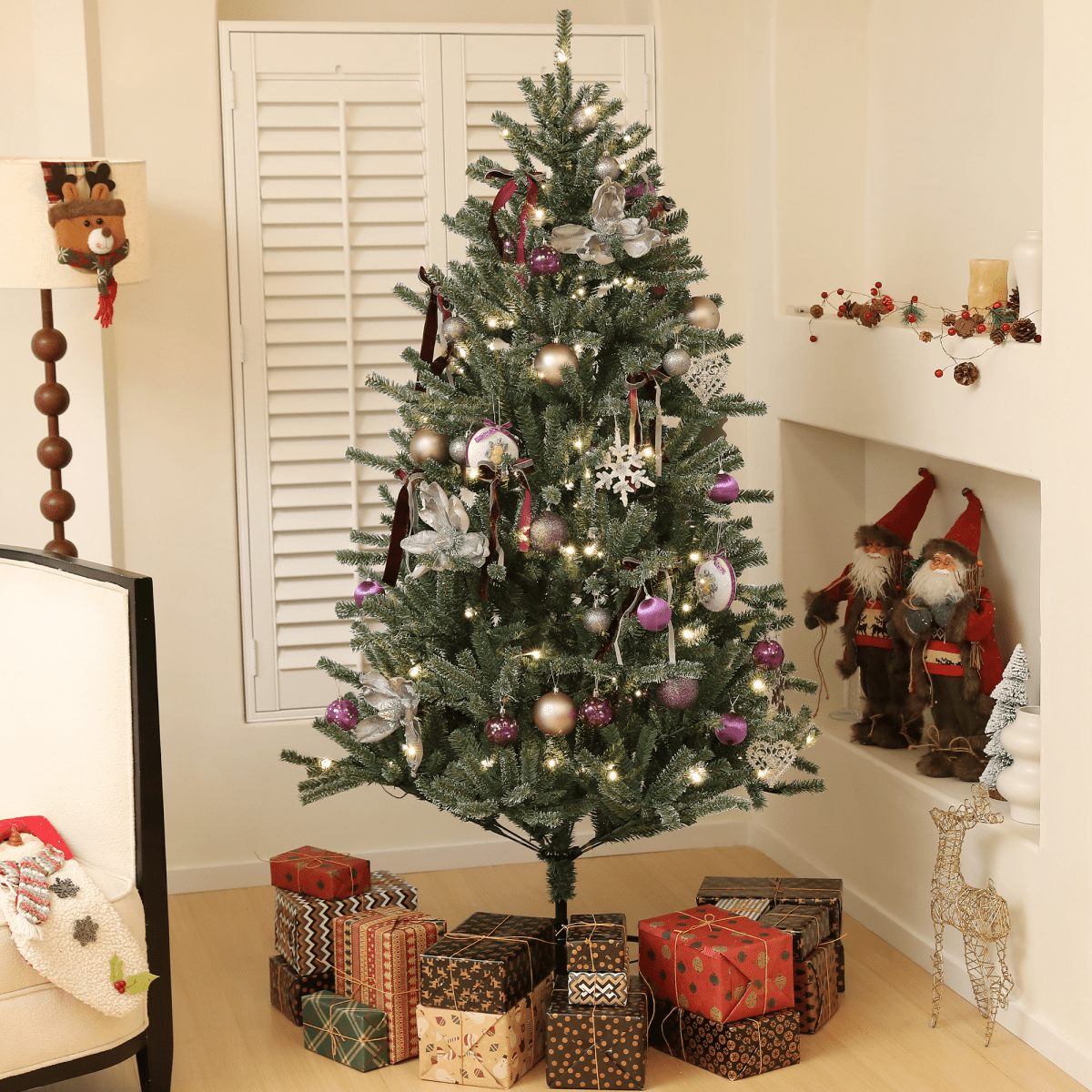 HOMCOM 5ft Prelit Artificial Christmas Tree with LED Lights & Purple Ornaments - plants - express.com