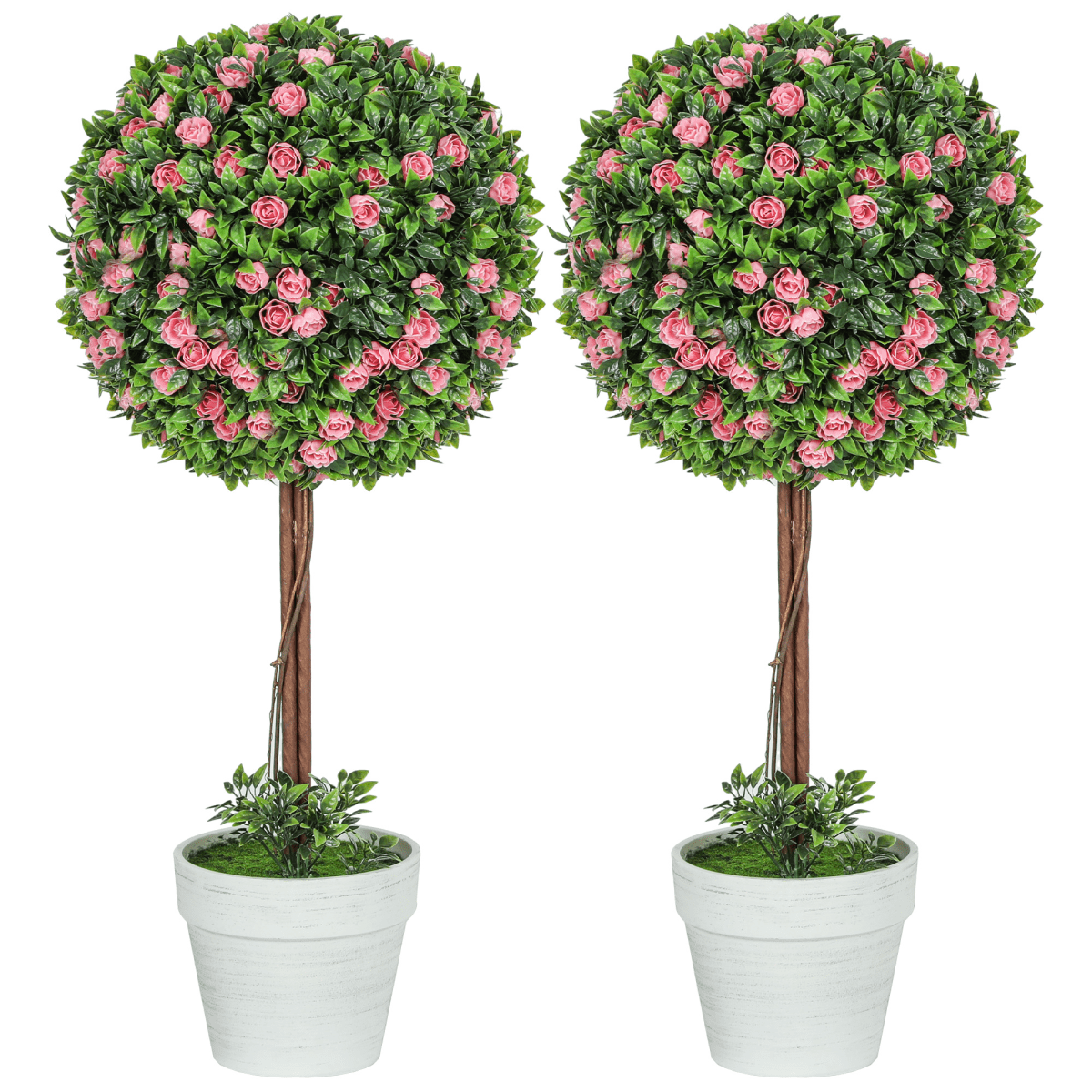 HOMCOM 60cm 2 - Piece Artificial Rose Tree & Ball Topiary, Pink - plants - express.com