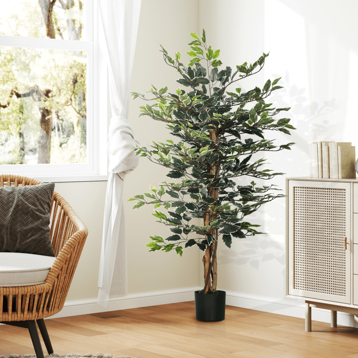 HOMCOM Artificial Ficus Tree with Lifelike Leaves and Natural Trunks Green - plants - express.com