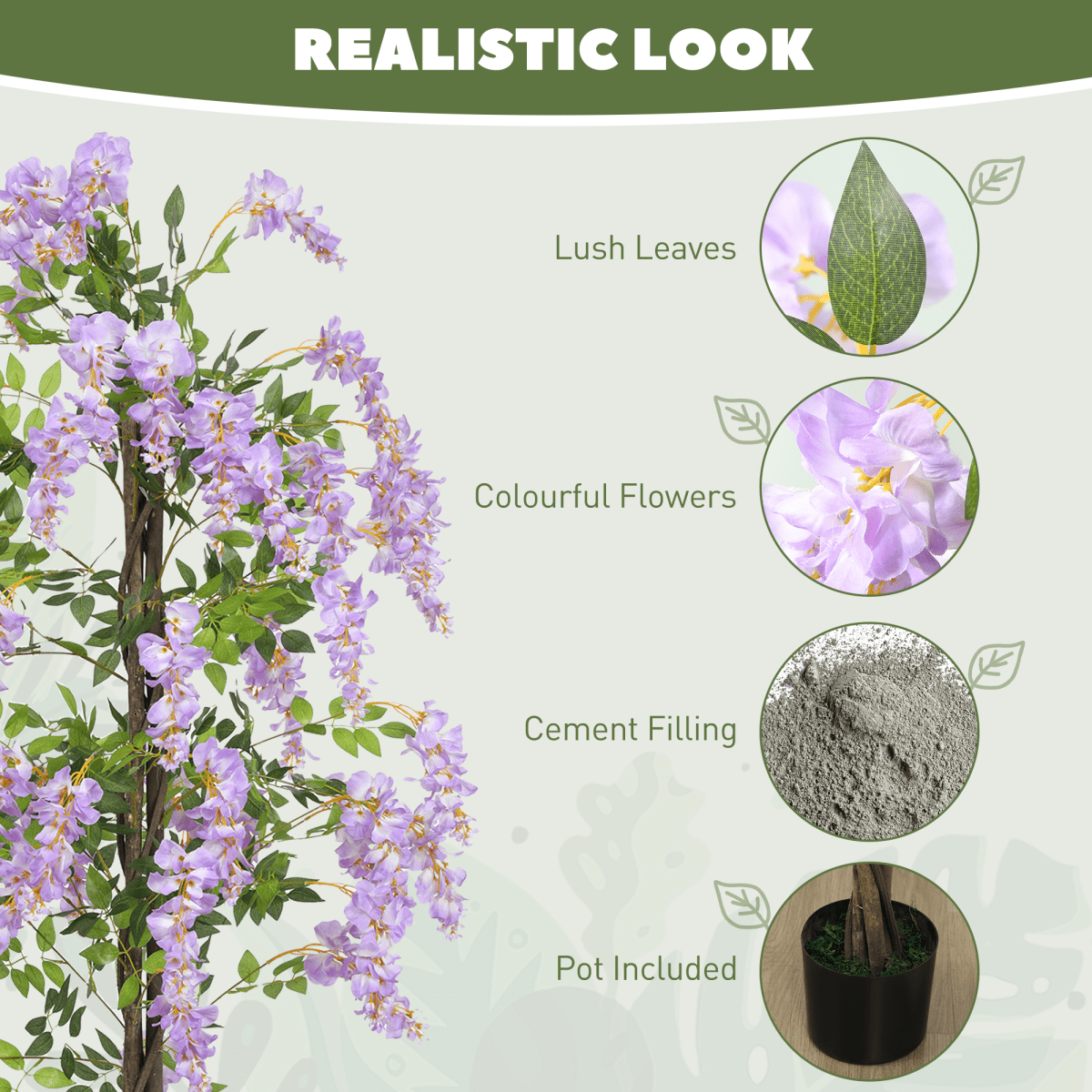 HOMCOM Artificial Wisteria Flower with 756 Leaves and 54 Flowers, Purple - plants - express.com