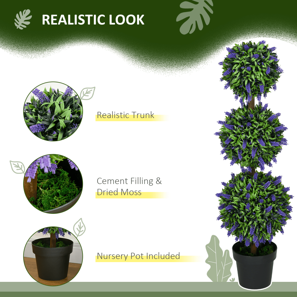 HOMCOM Set of 2 Potted Artificial Plants Ball Tree with Lavender Flowers, 110cm - plants - express.com