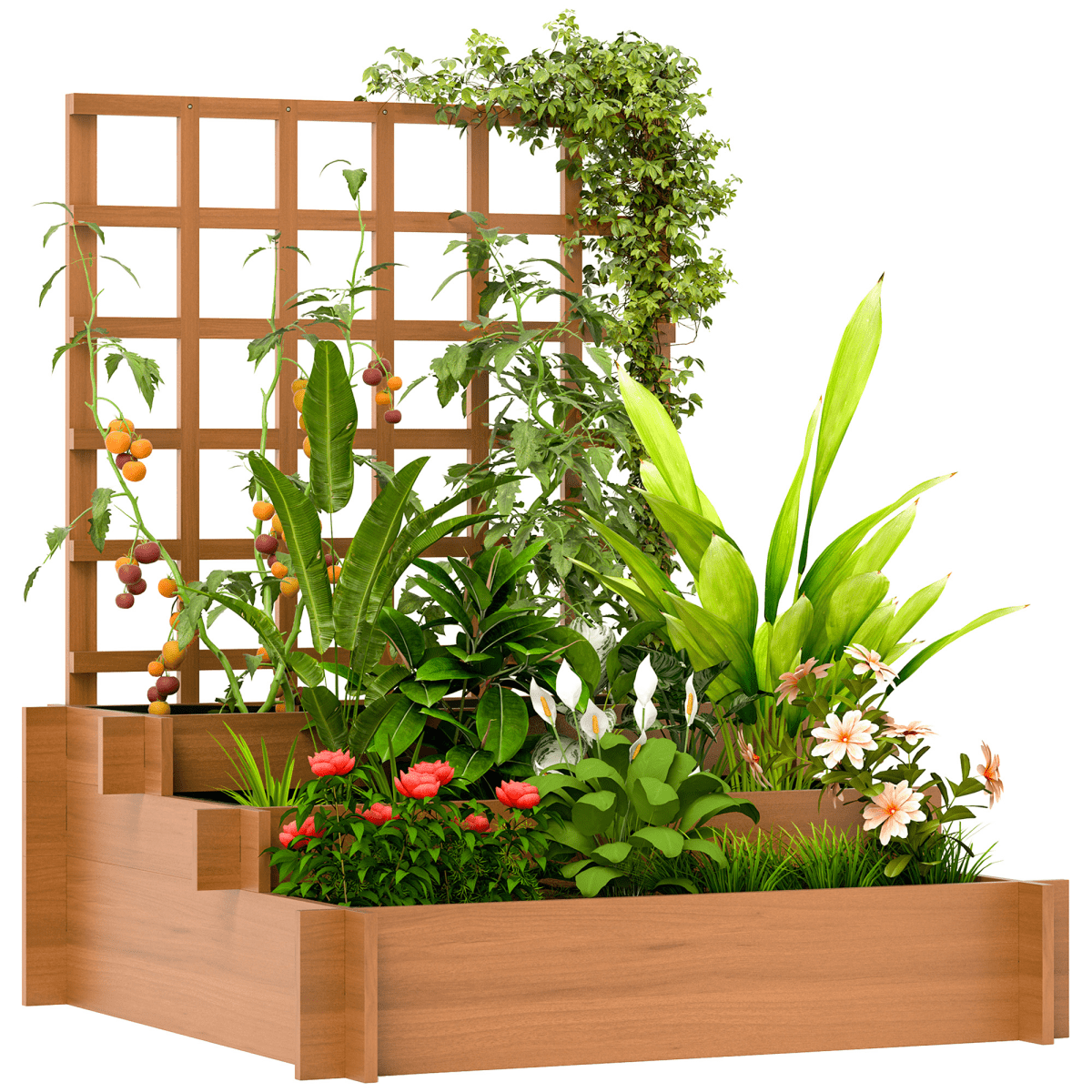 Outdoor Fir Wood Climbing Plant Trellis with Triple Planter Boxes - plants - express.com