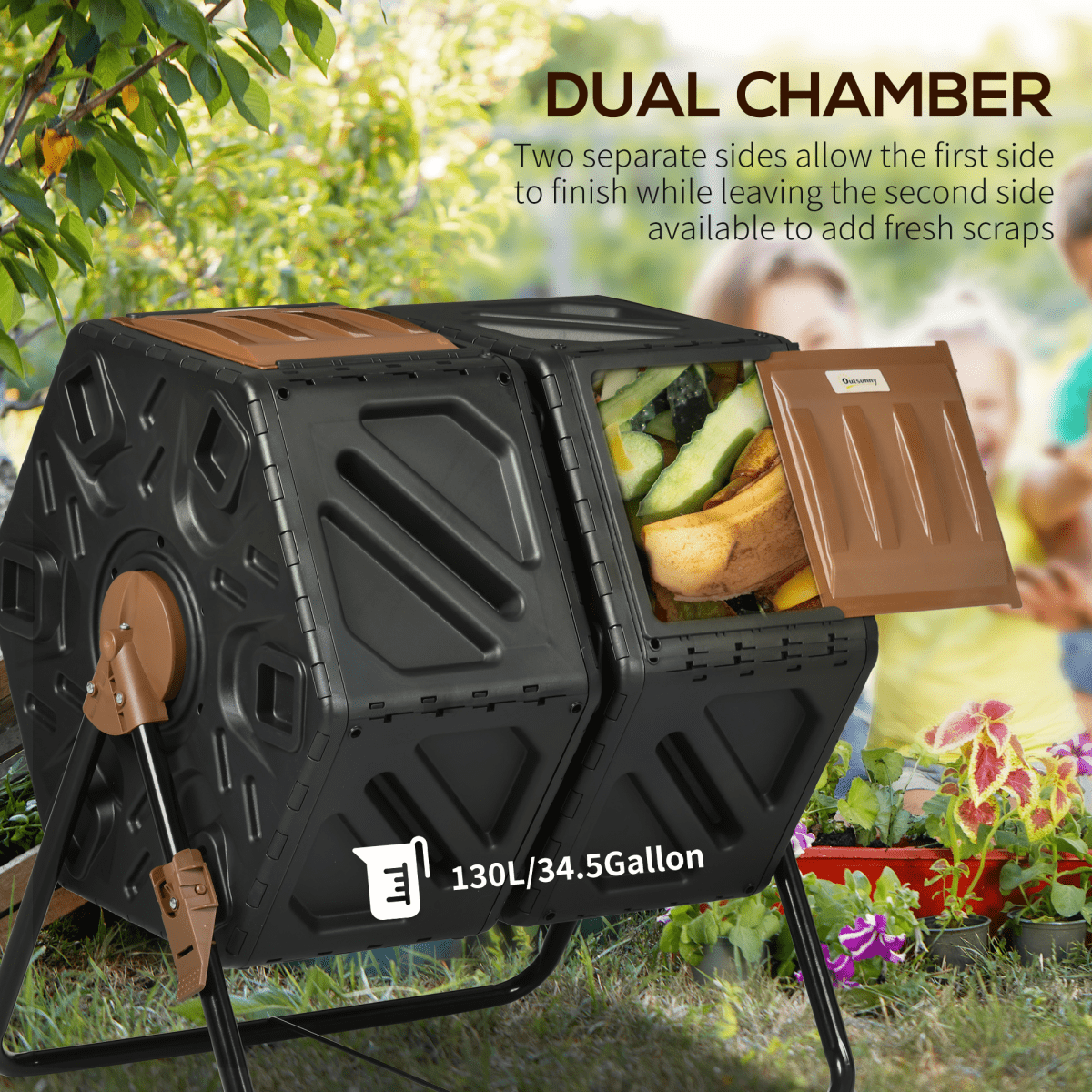 Outsunny 130L Compost Bin Dual Chamber Rotating Composter w/ Ventilation Holes - plants - express.com