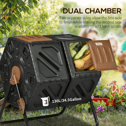 Outsunny 130L Compost Bin Dual Chamber Rotating Composter w/ Ventilation Holes - plants - express.com