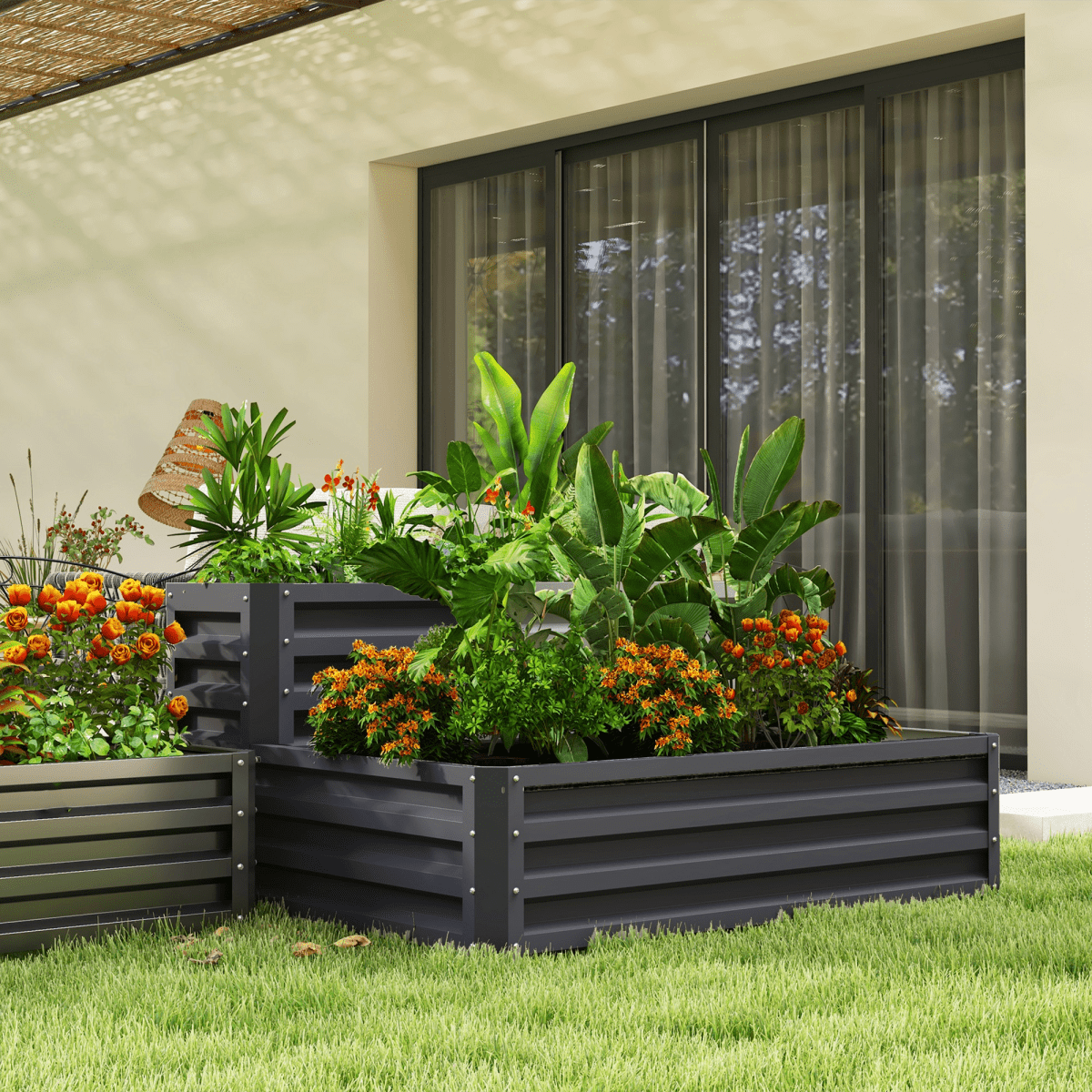 Outsunny 2 Tier Galvanised Raised Garden Bed Planter Box Open Bottom Dark Grey - plants - express.com