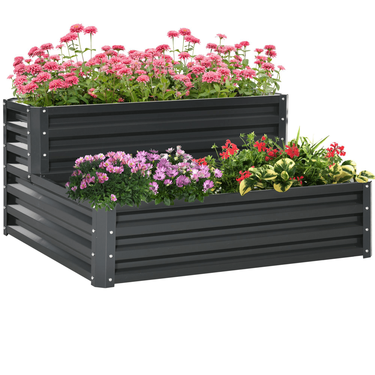 Outsunny 2 Tier Galvanised Raised Garden Bed Planter Box Open Bottom Dark Grey - plants - express.com
