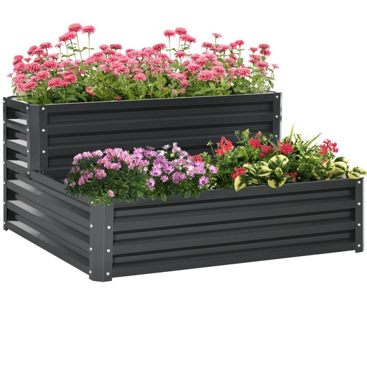 Outsunny 2 Tier Galvanised Raised Garden Bed Planter Box Open Bottom Dark Grey - plants - express.com