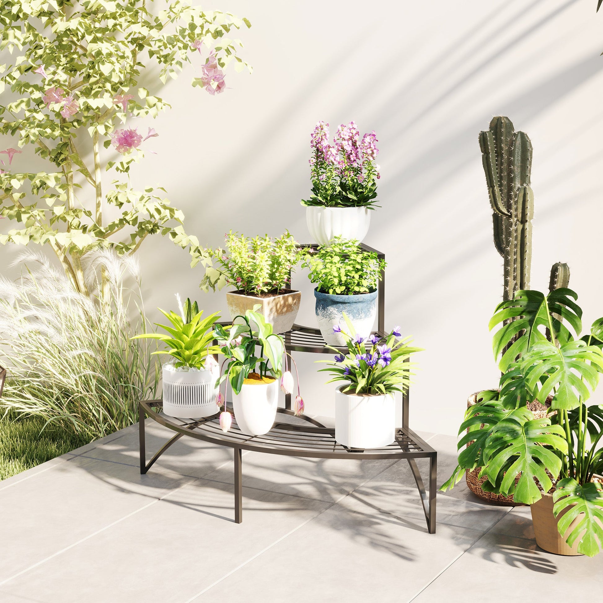 Outsunny 3 Tier Metal Corner Plant Stand for Garden Balcony Patio, Black - plants - express.com