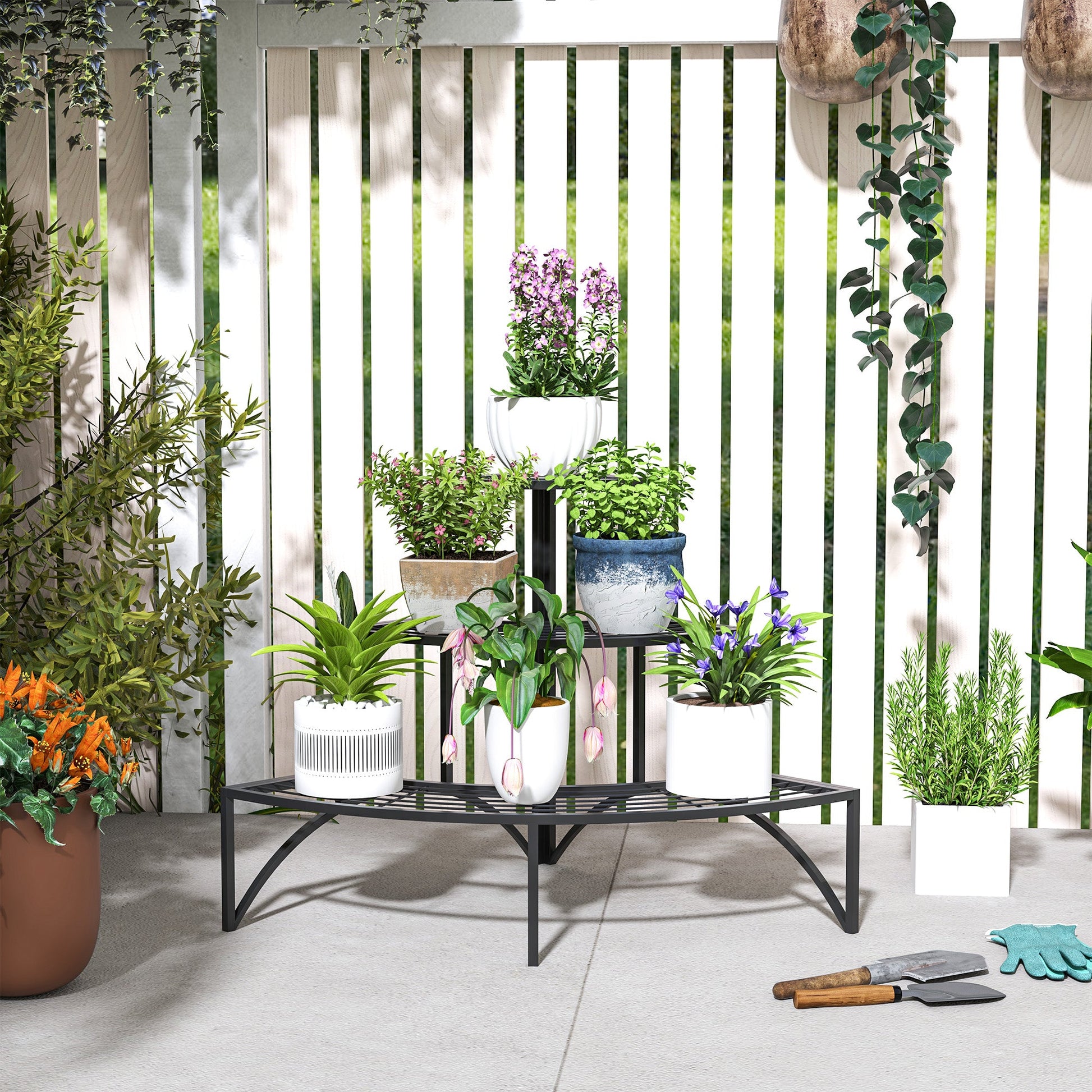 Outsunny 3 Tier Metal Corner Plant Stand for Garden Balcony Patio, Black - plants - express.com