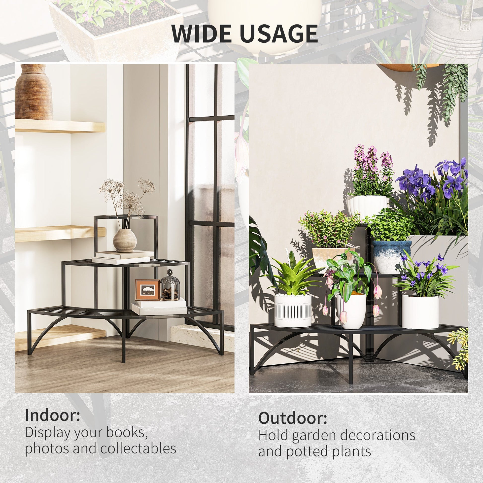 Outsunny 3 Tier Metal Corner Plant Stand for Garden Balcony Patio, Black - plants - express.com