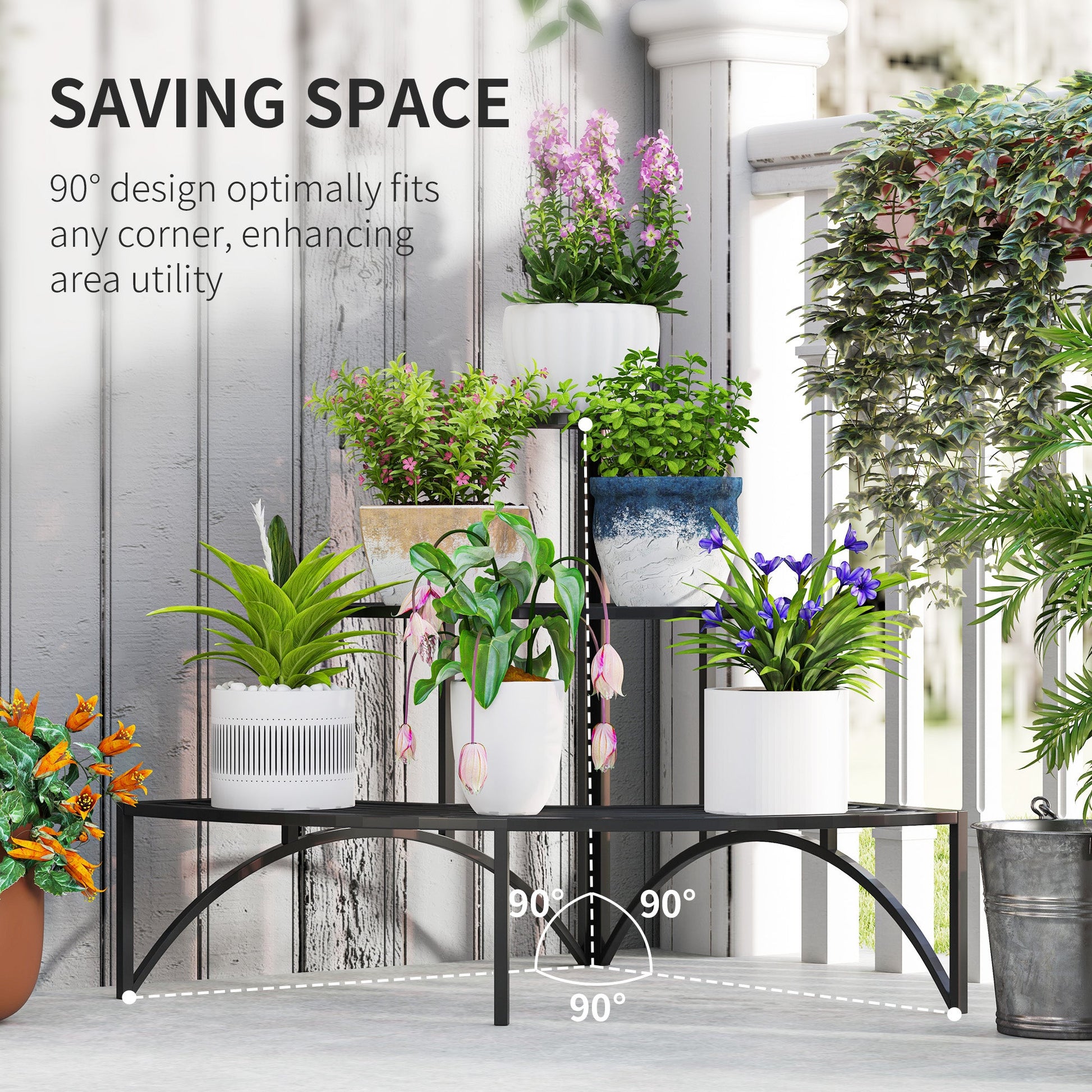 Outsunny 3 Tier Metal Corner Plant Stand for Garden Balcony Patio, Black - plants - express.com