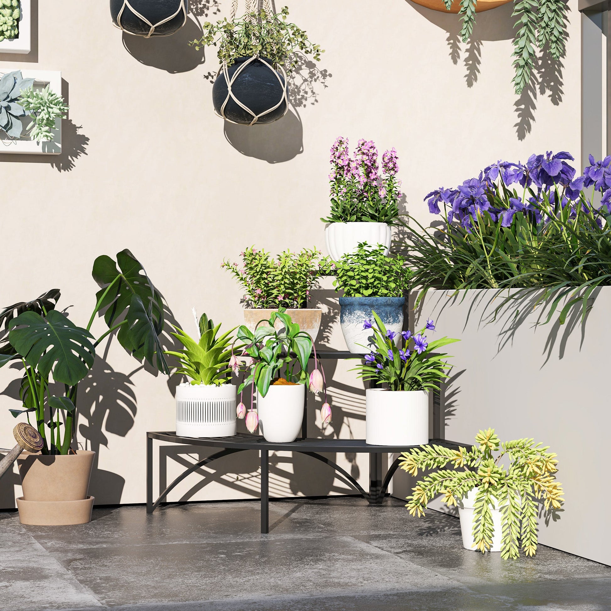 Outsunny 3 Tier Metal Corner Plant Stand for Garden Balcony Patio, Black - plants - express.com
