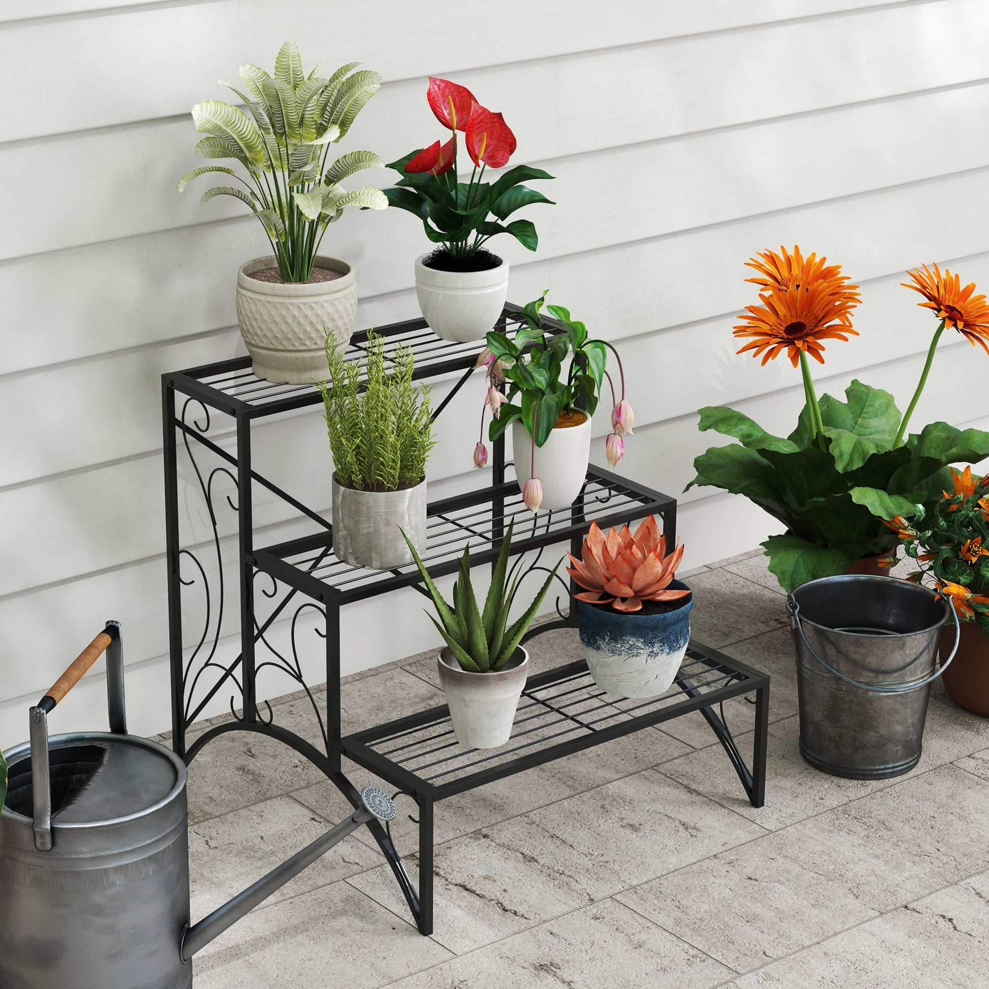 Outsunny 3 - Tier Metal Plant Stand for Garden Balcony Indoor Outdoor, Black - plants - express.com