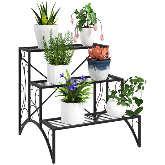 Outsunny 3 - Tier Metal Plant Stand for Garden Balcony Indoor Outdoor, Black - plants - express.com