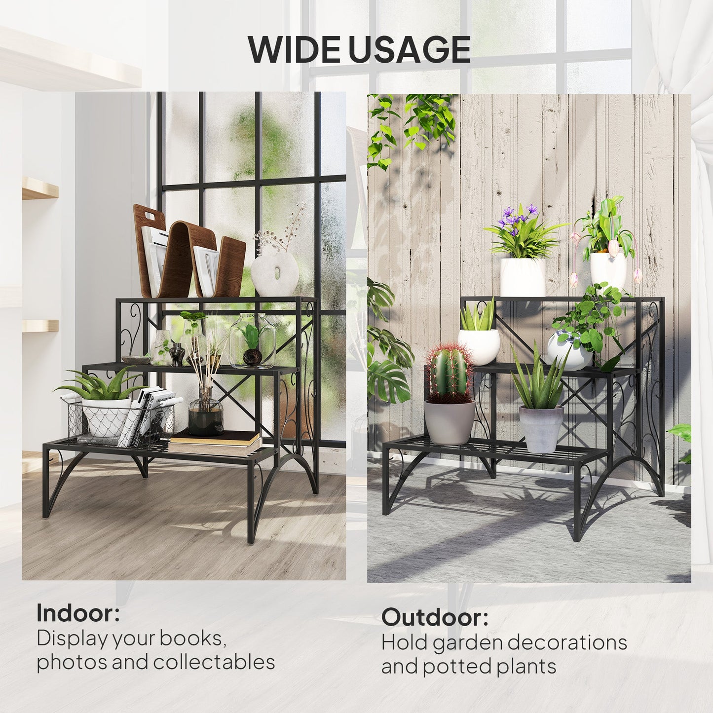 Outsunny 3 - Tier Metal Plant Stand for Garden Balcony Indoor Outdoor, Black - plants - express.com